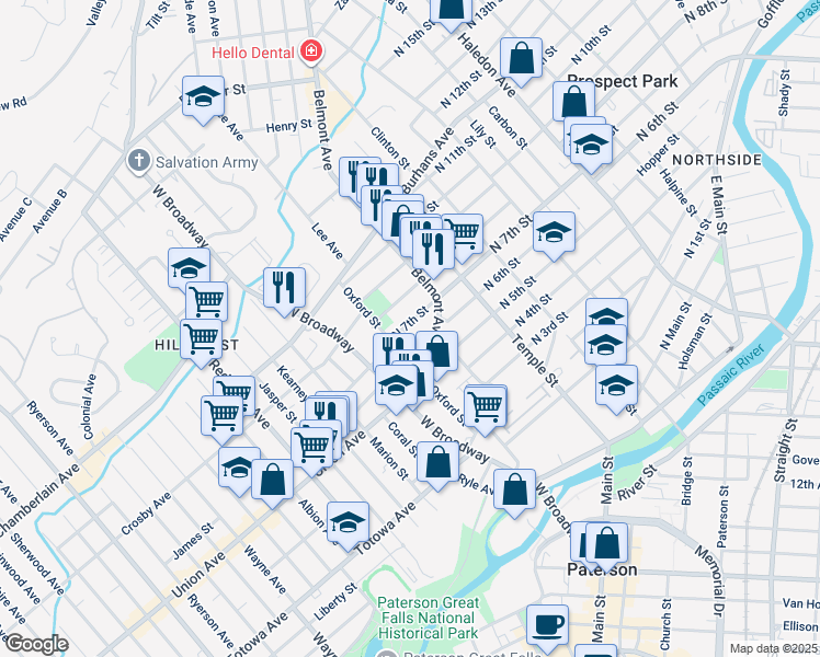 map of restaurants, bars, coffee shops, grocery stores, and more near 10 North 7th Street in Paterson