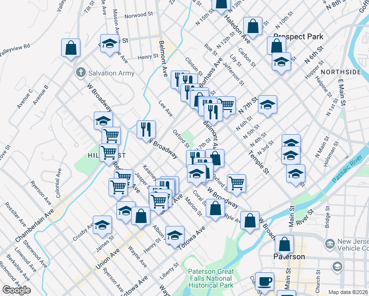 map of restaurants, bars, coffee shops, grocery stores, and more near 52 Laurel Street in Paterson