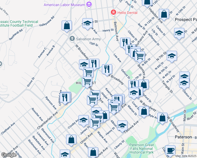 map of restaurants, bars, coffee shops, grocery stores, and more near 289 Kearney Street in Paterson