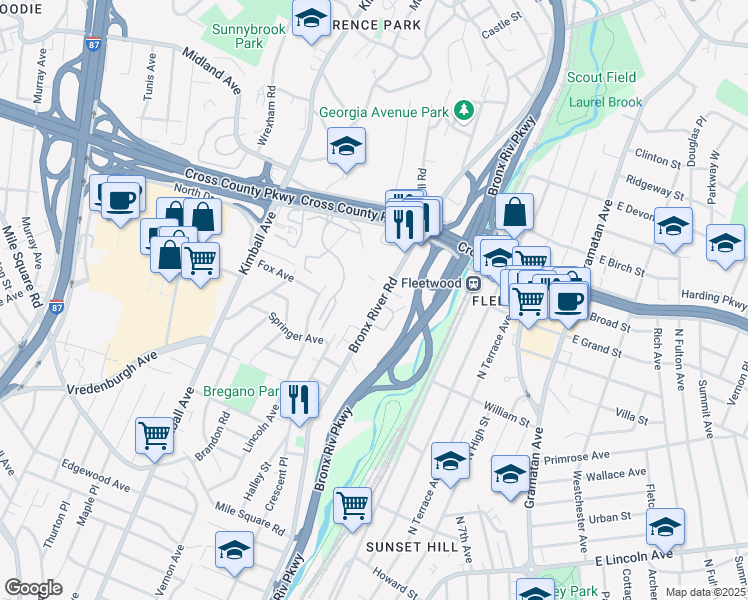 map of restaurants, bars, coffee shops, grocery stores, and more near 801 Bronx River Road in Bronxville