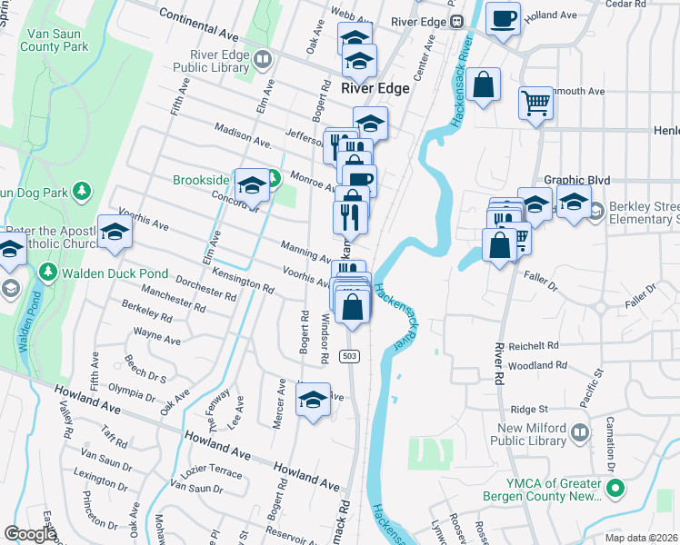 map of restaurants, bars, coffee shops, grocery stores, and more near 530 Kinderkamack Road in River Edge