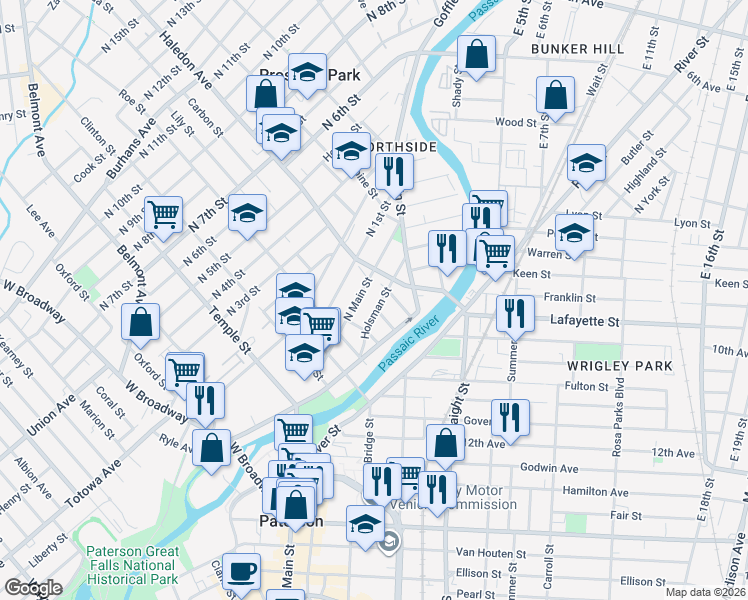 map of restaurants, bars, coffee shops, grocery stores, and more near 48 Holsman Street in Paterson