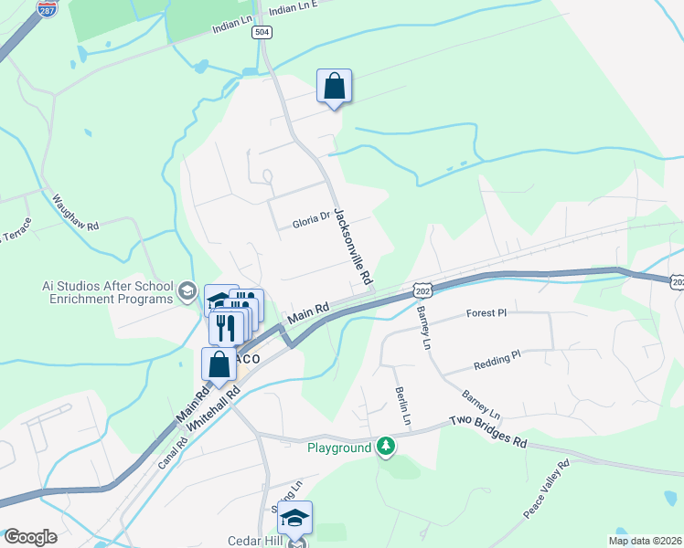 map of restaurants, bars, coffee shops, grocery stores, and more near 2 Jacksonville Road in Montville