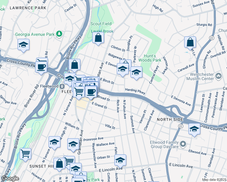 map of restaurants, bars, coffee shops, grocery stores, and more near 455 Westchester Avenue in Mount Vernon