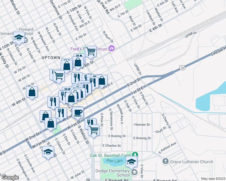 map of restaurants, bars, coffee shops, grocery stores, and more near 308 Lincoln Highway in Grand Island