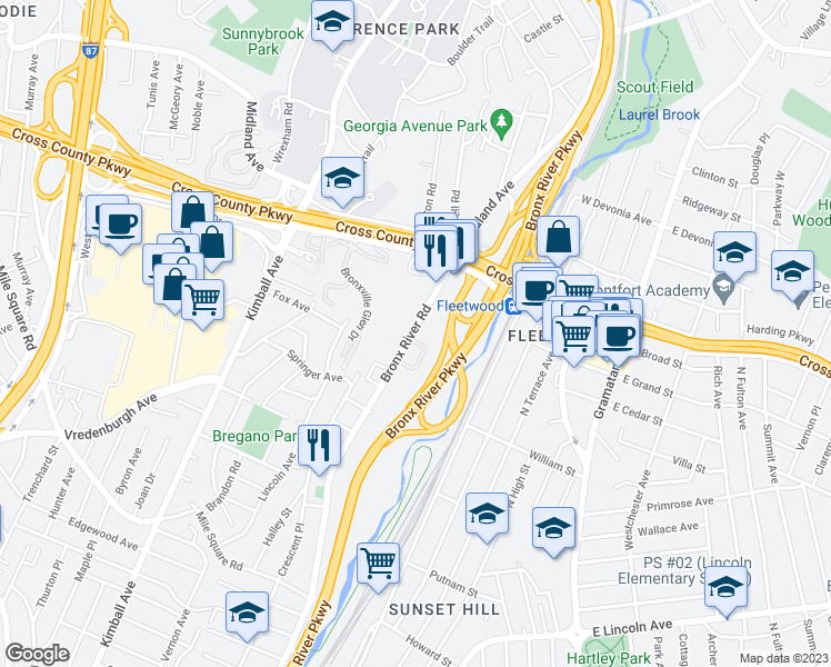 map of restaurants, bars, coffee shops, grocery stores, and more near 800 Bronx River Road in Yonkers