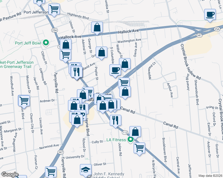 map of restaurants, bars, coffee shops, grocery stores, and more near 32 Sylvan Lane in Port Jefferson Station