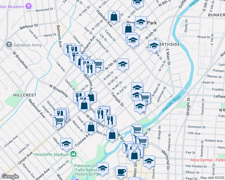 map of restaurants, bars, coffee shops, grocery stores, and more near 50 North 4th Street in Paterson