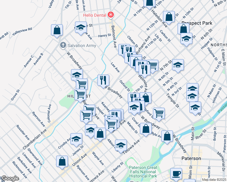 map of restaurants, bars, coffee shops, grocery stores, and more near 323 West Broadway in Paterson