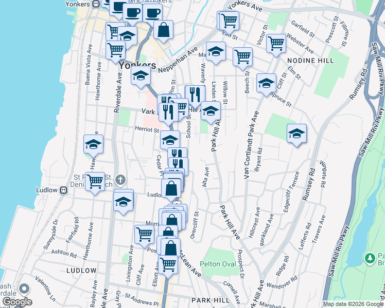 map of restaurants, bars, coffee shops, grocery stores, and more near 164 School Street in Yonkers