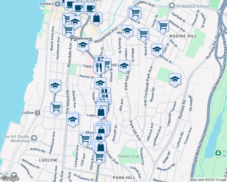 map of restaurants, bars, coffee shops, grocery stores, and more near 164 School Street in Yonkers