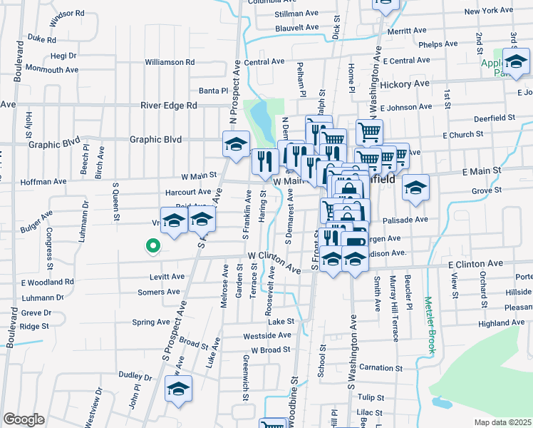 map of restaurants, bars, coffee shops, grocery stores, and more near 18 Roosevelt Avenue in Bergenfield
