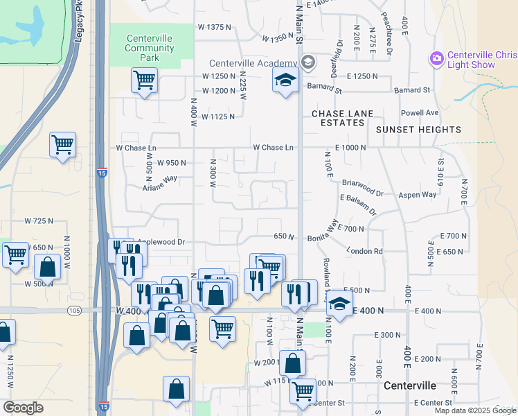 map of restaurants, bars, coffee shops, grocery stores, and more near 833 North Lakeside Lane in Centerville