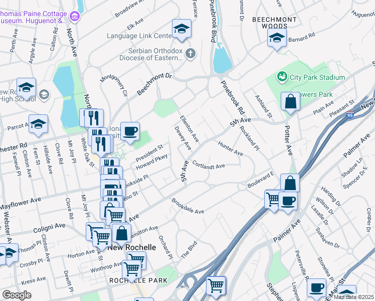 map of restaurants, bars, coffee shops, grocery stores, and more near in New Rochelle