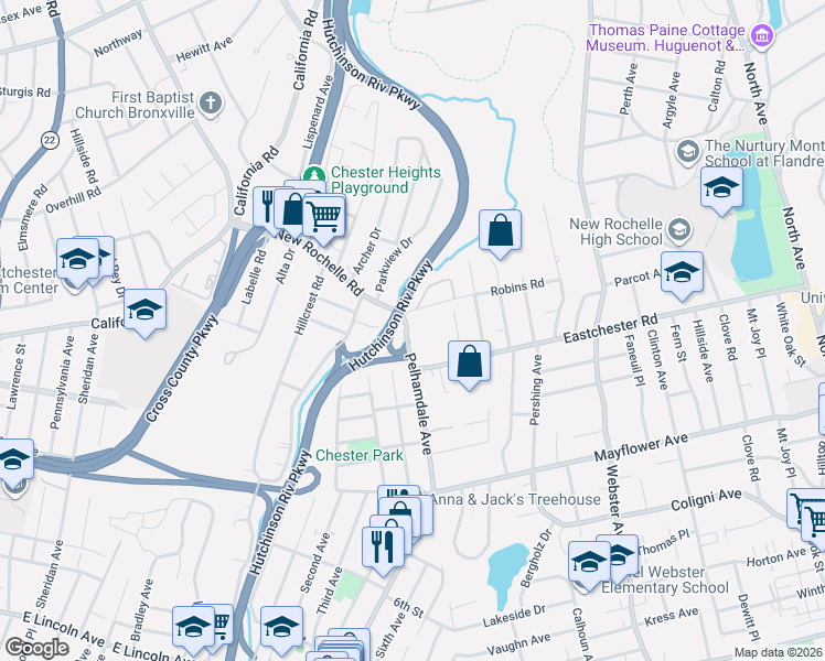 map of restaurants, bars, coffee shops, grocery stores, and more near 830 Pelhamdale Avenue in New Rochelle