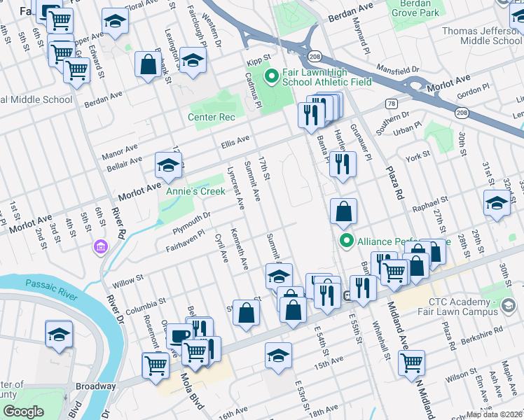 map of restaurants, bars, coffee shops, grocery stores, and more near 4-22 Summit Avenue in Fair Lawn