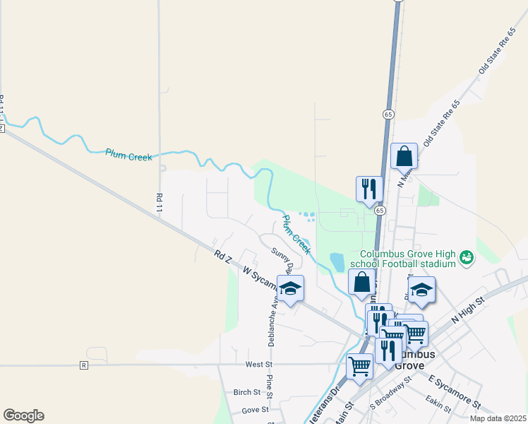 map of restaurants, bars, coffee shops, grocery stores, and more near 205 Briarwood Court in Columbus Grove