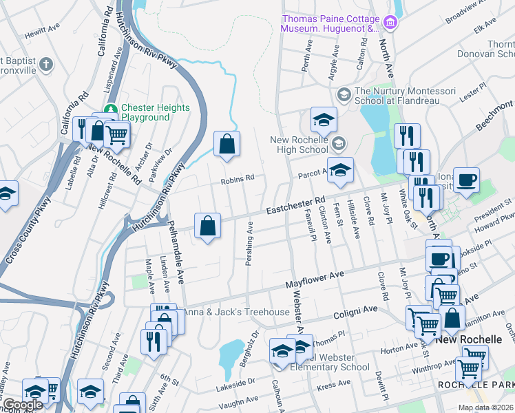 map of restaurants, bars, coffee shops, grocery stores, and more near 243 Eastchester Road in New Rochelle