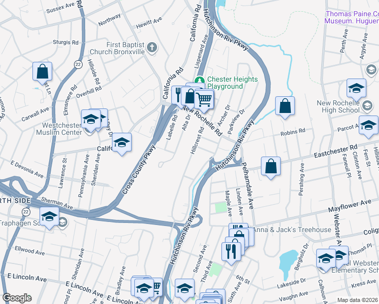 map of restaurants, bars, coffee shops, grocery stores, and more near 155 Hillcrest Road in Mount Vernon