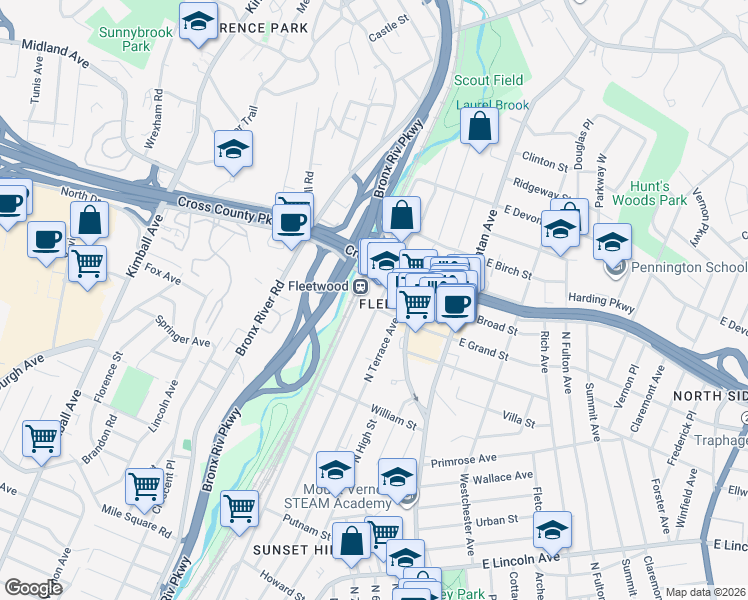 map of restaurants, bars, coffee shops, grocery stores, and more near 685 Locust Street in Mount Vernon