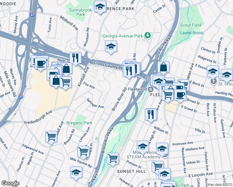 map of restaurants, bars, coffee shops, grocery stores, and more near 773 Bronx River Road in Yonkers
