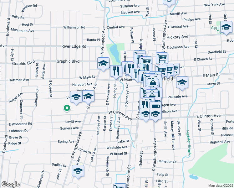 map of restaurants, bars, coffee shops, grocery stores, and more near 18 Roosevelt Avenue in Bergenfield