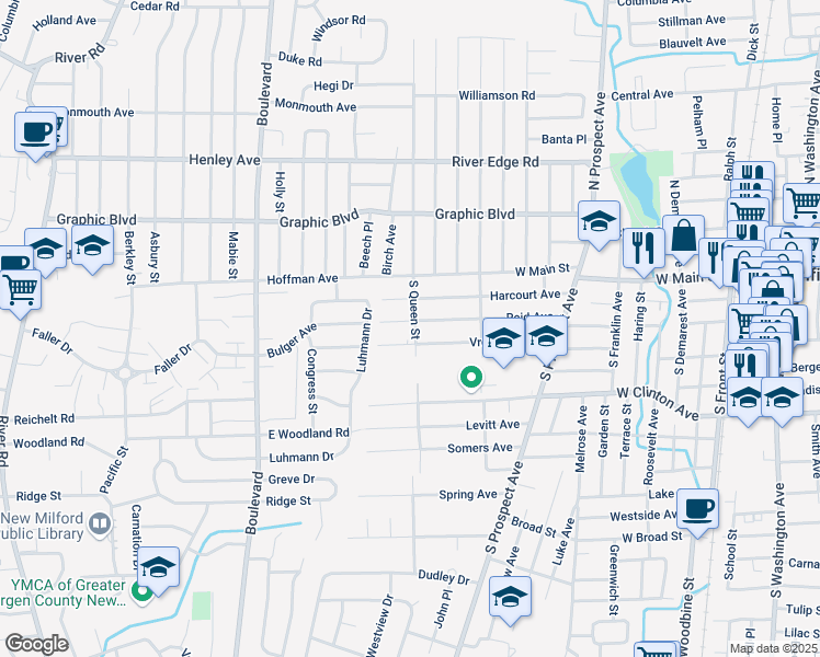 map of restaurants, bars, coffee shops, grocery stores, and more near 191 Vreeland Avenue in Bergenfield