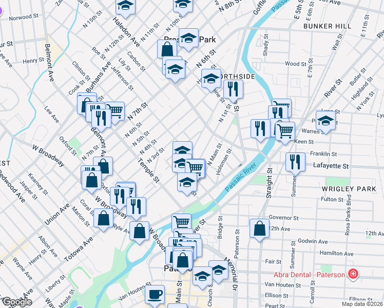 map of restaurants, bars, coffee shops, grocery stores, and more near 70 Jefferson Street in Paterson