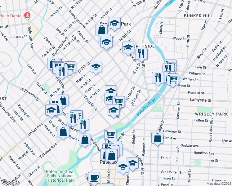 map of restaurants, bars, coffee shops, grocery stores, and more near 70 Jefferson Street in Paterson