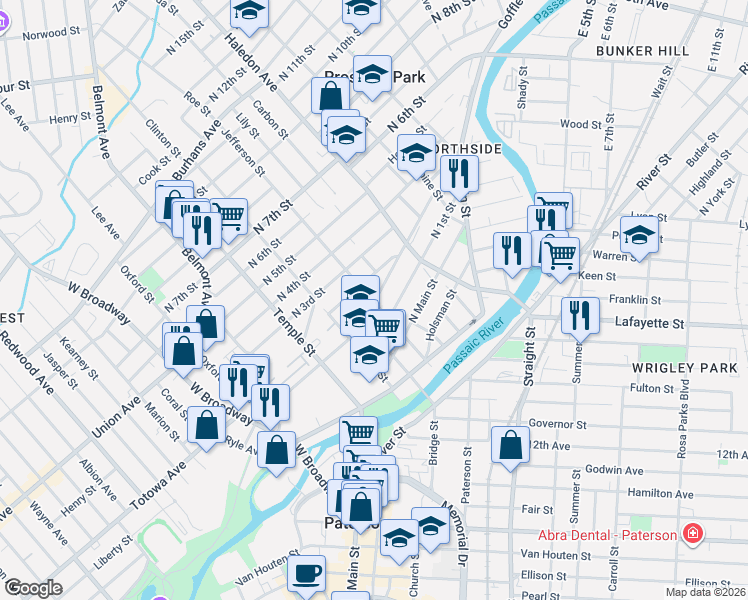 map of restaurants, bars, coffee shops, grocery stores, and more near 70 Jefferson Street in Paterson