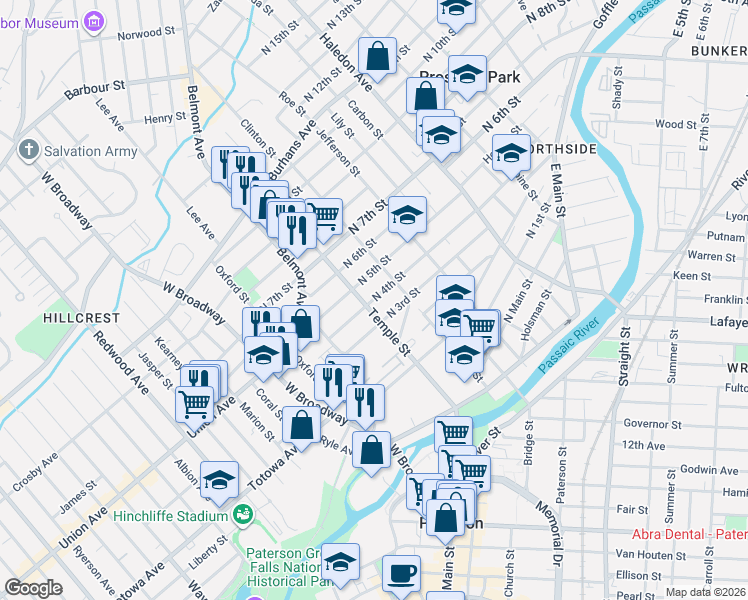 map of restaurants, bars, coffee shops, grocery stores, and more near 50 North 4th Street in Paterson
