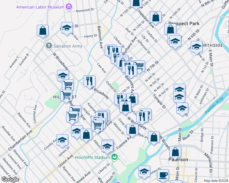 map of restaurants, bars, coffee shops, grocery stores, and more near 52 Laurel Street in Paterson