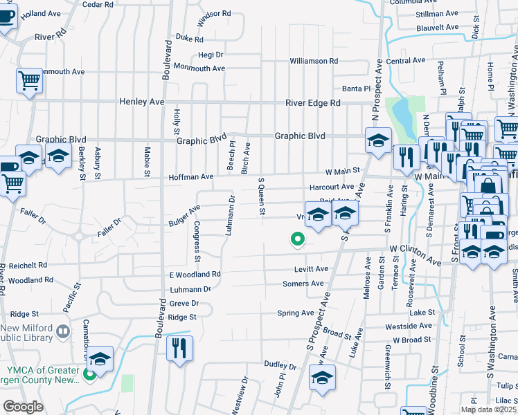 map of restaurants, bars, coffee shops, grocery stores, and more near 191 Vreeland Avenue in Bergenfield