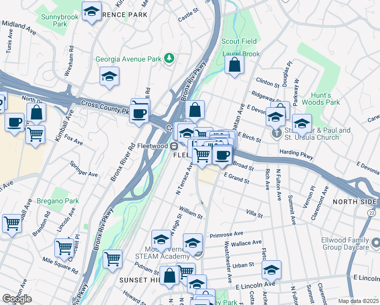 map of restaurants, bars, coffee shops, grocery stores, and more near 685 Locust Street in Mount Vernon