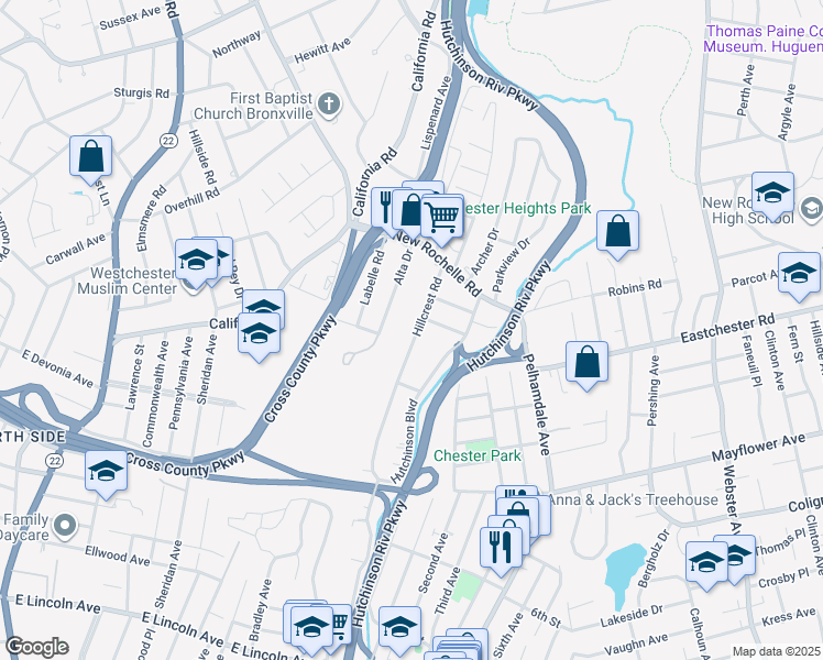 map of restaurants, bars, coffee shops, grocery stores, and more near 155 Hillcrest Road in Mount Vernon