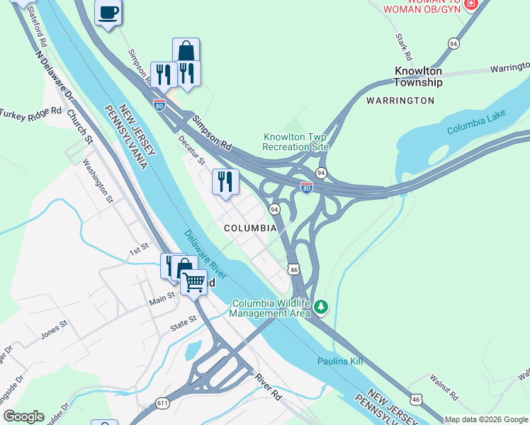 map of restaurants, bars, coffee shops, grocery stores, and more near New Jersey 94 in Columbia