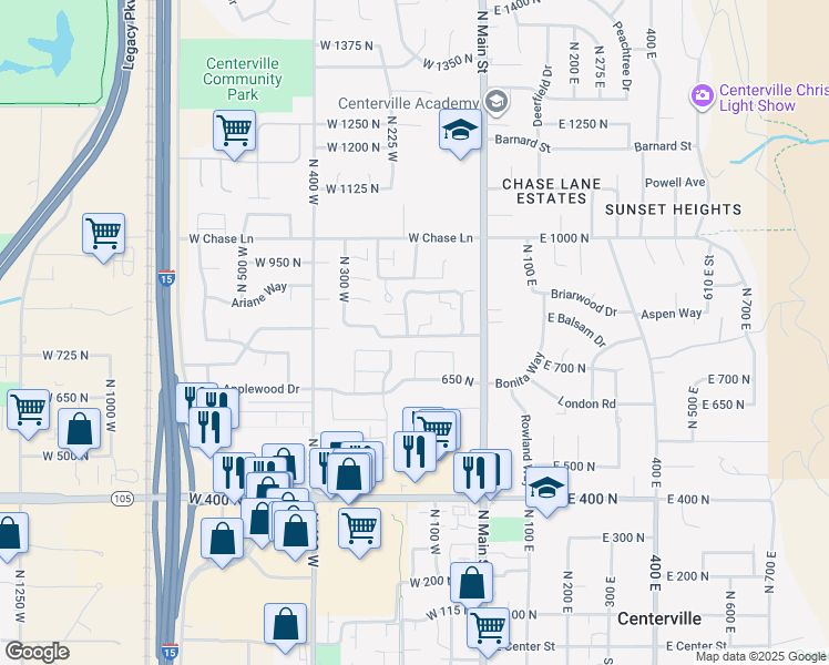 map of restaurants, bars, coffee shops, grocery stores, and more near 833 North Lakeside Lane in Centerville