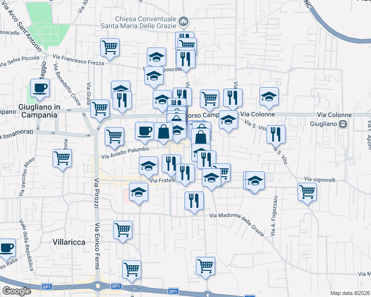 map of restaurants, bars, coffee shops, grocery stores, and more near 39 Via Vittorio Veneto in Giugliano In Campania