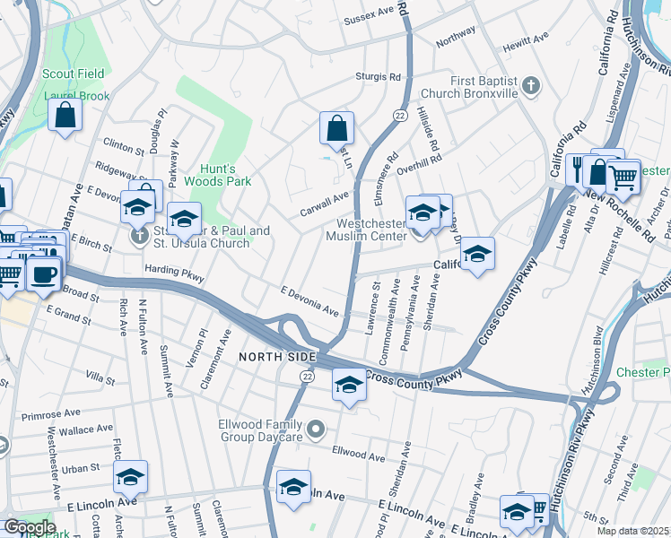 map of restaurants, bars, coffee shops, grocery stores, and more near 500 North Columbus Avenue in Mount Vernon