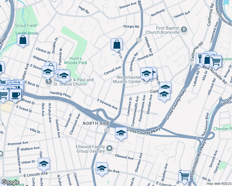 map of restaurants, bars, coffee shops, grocery stores, and more near 500 North Columbus Avenue in Mount Vernon