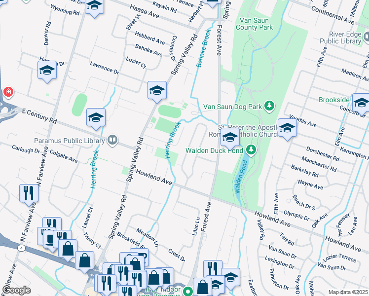 map of restaurants, bars, coffee shops, grocery stores, and more near 141 Village Circle West in Paramus