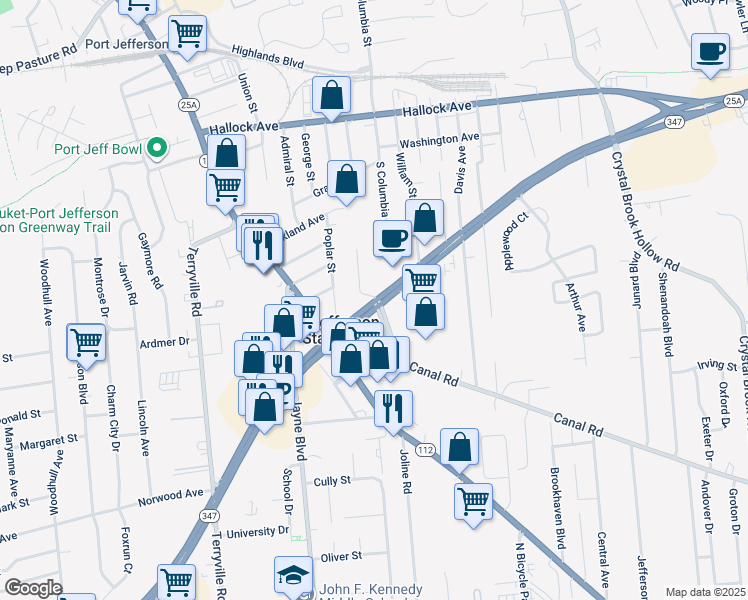 map of restaurants, bars, coffee shops, grocery stores, and more near 1 Sylvan Lane in Port Jefferson Station
