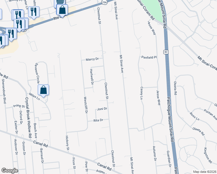 map of restaurants, bars, coffee shops, grocery stores, and more near 97 Chestnut Street in Mount Sinai