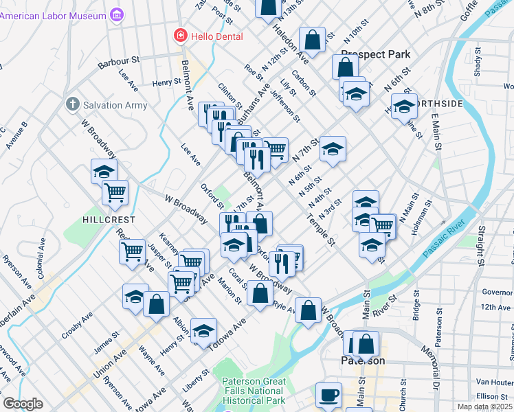 map of restaurants, bars, coffee shops, grocery stores, and more near 65 Belmont Avenue in Paterson