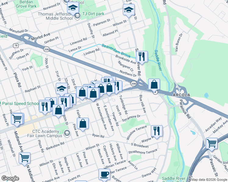 map of restaurants, bars, coffee shops, grocery stores, and more near 38-06 Broadway in Fair Lawn