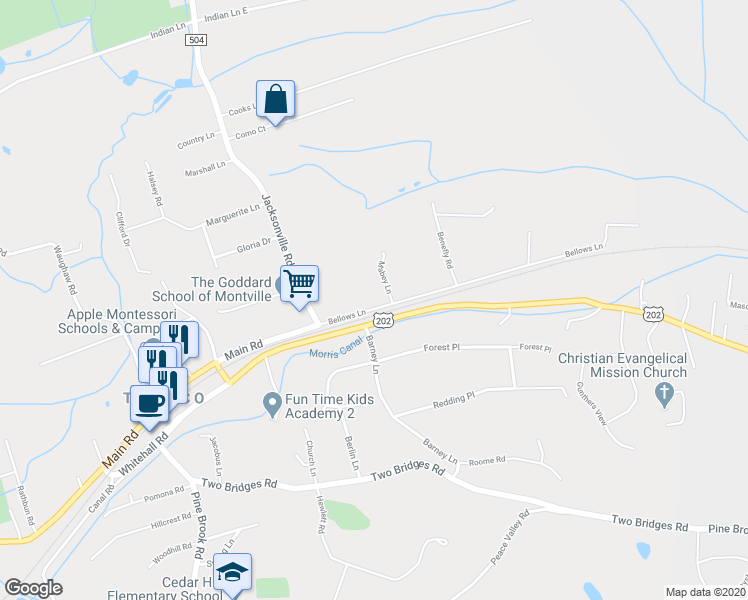 map of restaurants, bars, coffee shops, grocery stores, and more near 4 Bellows Lane in Montville