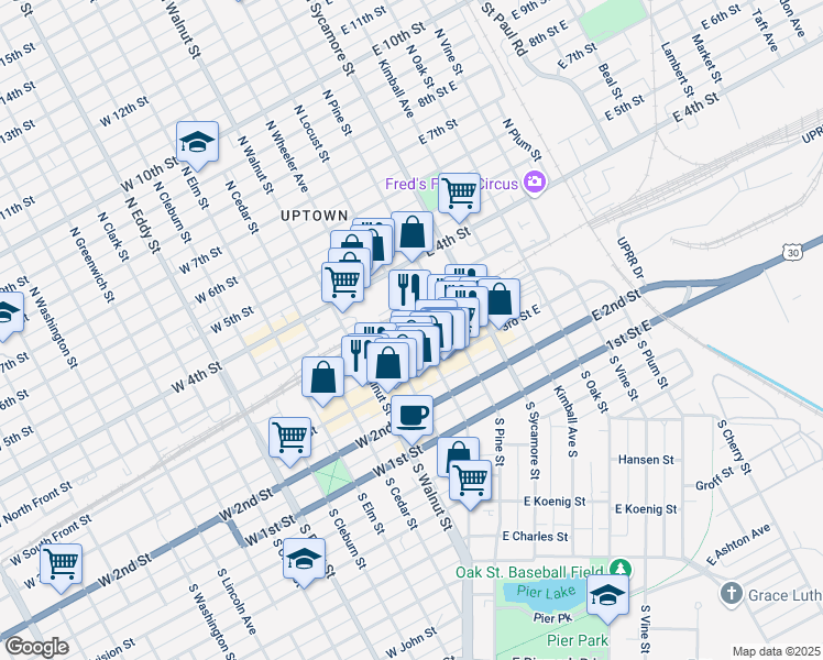 map of restaurants, bars, coffee shops, grocery stores, and more near in Grand Island