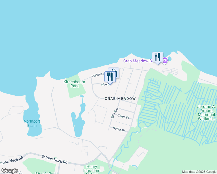 map of restaurants, bars, coffee shops, grocery stores, and more near 19 Hewitt Drive in Northport