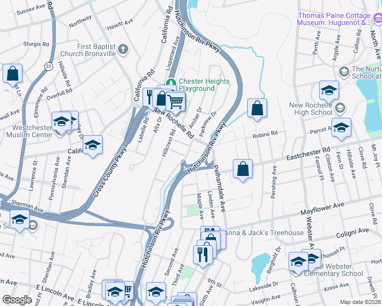 map of restaurants, bars, coffee shops, grocery stores, and more near 367 Hutchinson Boulevard in Mount Vernon