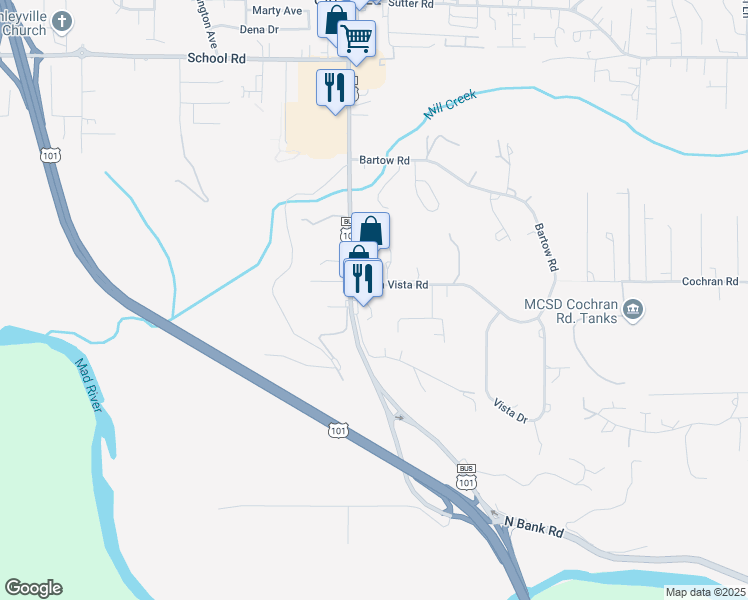 map of restaurants, bars, coffee shops, grocery stores, and more near 1153 Central Avenue in McKinleyville